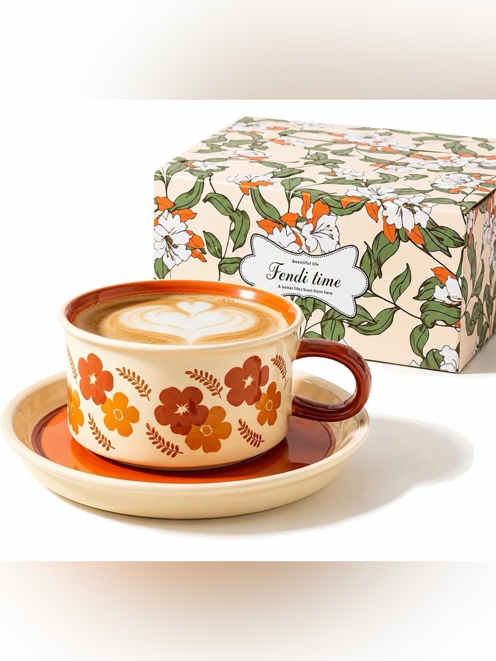 Floral Ceramic Cup & Saucer - Cream with Orange Flowers